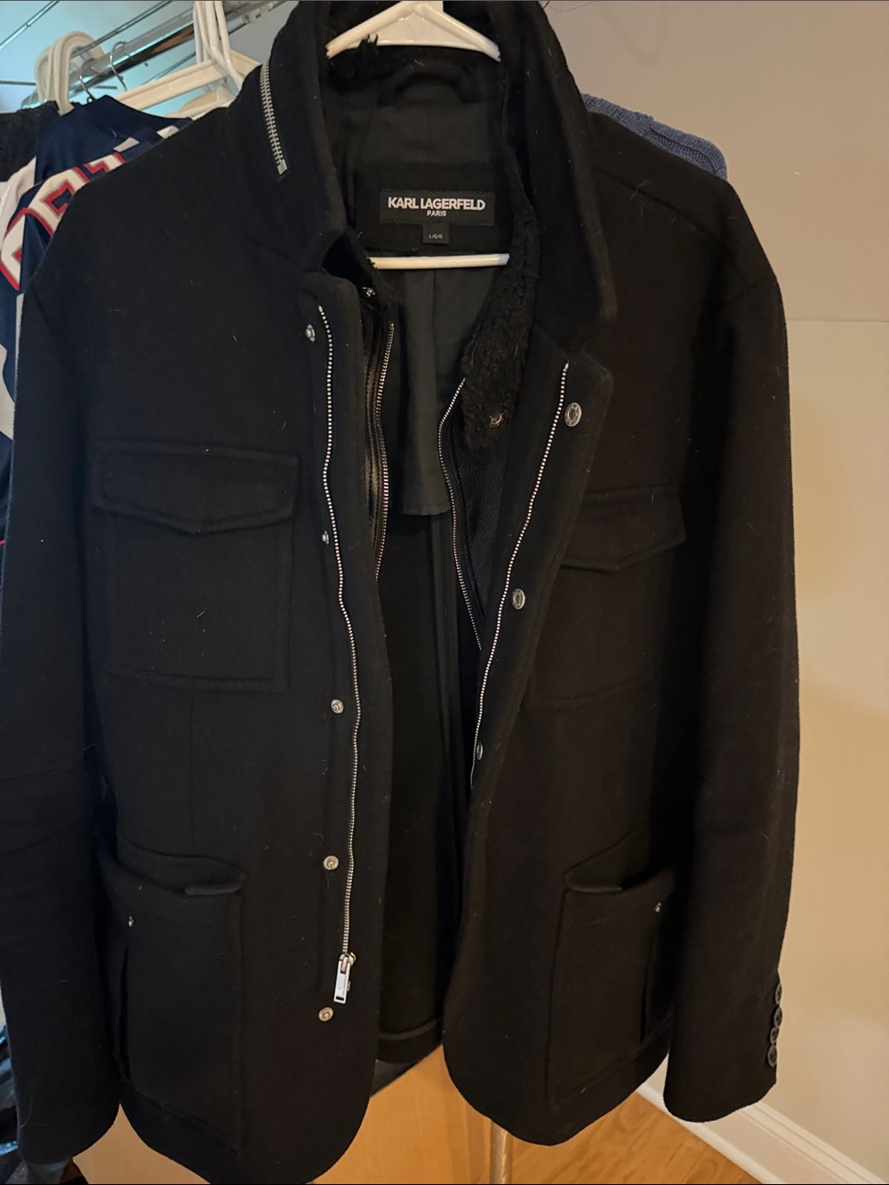 Karl Lagerfeld Black Wool Pea Coat with Zip Front